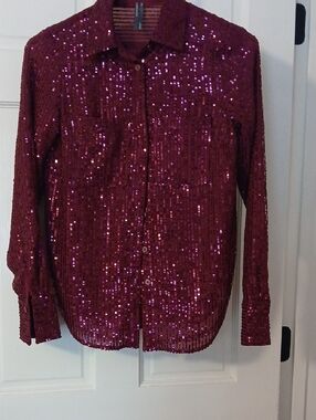 Anthropologie Burgundy Sequin Button-Down Shirt